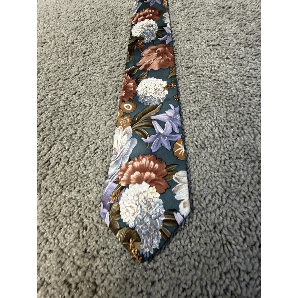 Henri Christian Tie Mens One Size Green Floral Pointed 100% Silk Satin UK